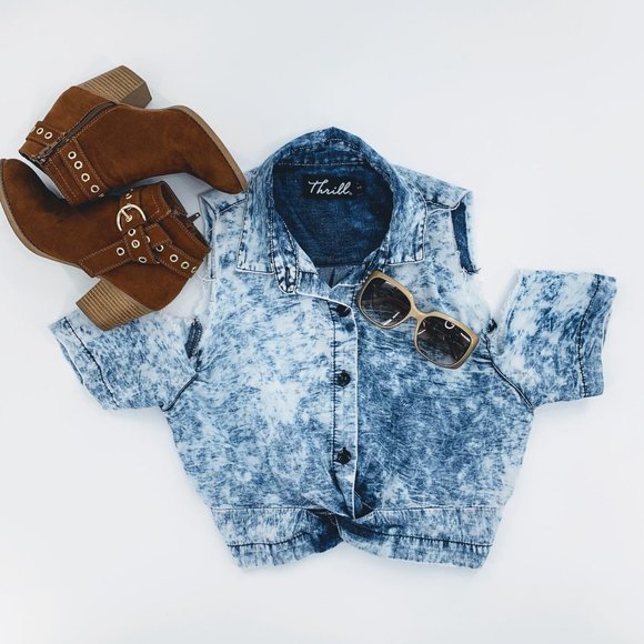 Twist Front Cold Shoulder‎ Tie Dye Blue White Top Collared Button Down Cotton - Picture 1 of 10